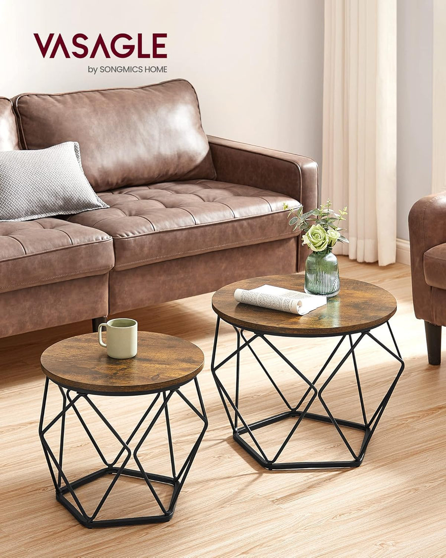 Coffee Tables, Set of 2 Side Tables, Robust Steel Frame, for Living Room, Bedroom, Rustic Brown and Black LET040B01