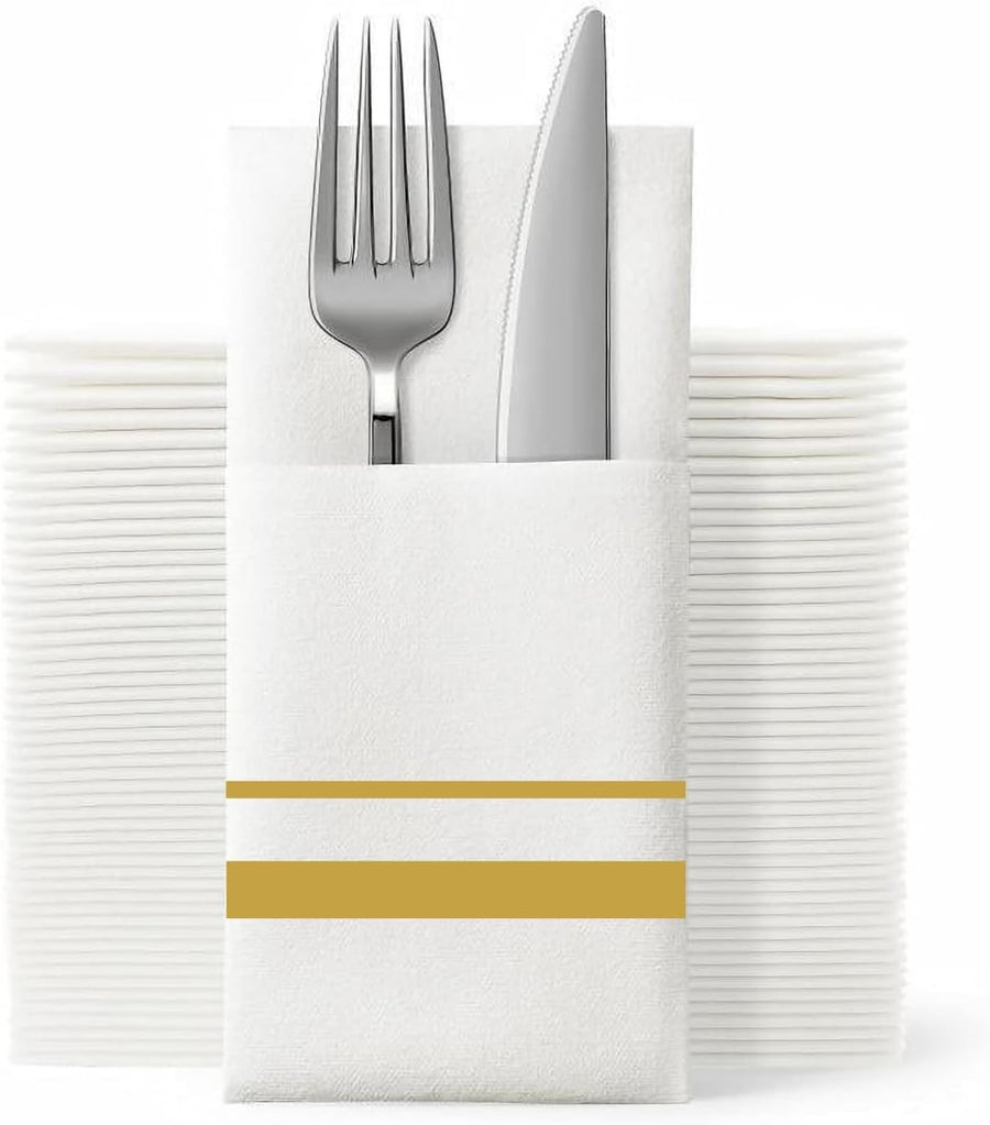 Disposable Dinner Napkins with Built-In Flatware Pocket - Elegant Linen Feel for Wedding Party, Prefolded Silverware Pocket in Gold, 40X40Cm, 50 Pcs