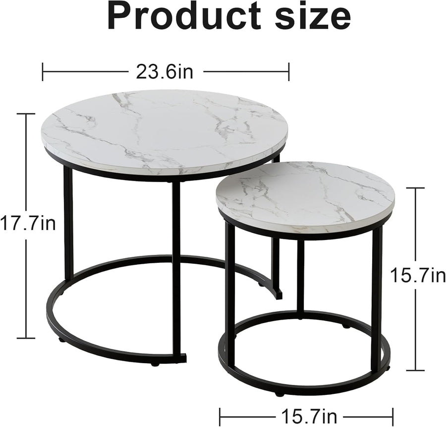 Coffee Table,Round Nest of Tables Set of 2 for Living Room,Marble Center Tea Table with Metal Frame,End Side Table for Small Space/Living Room/Bedroom, White Black, 60 X 60 X 50Cm