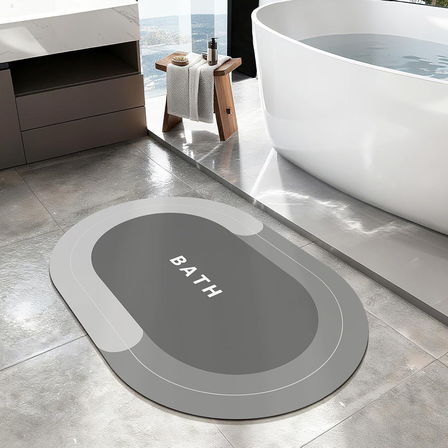 Bath Mat Quick-Drying Bathroom Mat,Super Absorbent Bath Mat for Bathroom Floor,Non Slip Rubber Backing Shower Floor Mat,Oval Floor Bath Rug for Bathroom,Bathtub (Grey, 40X60Cm)