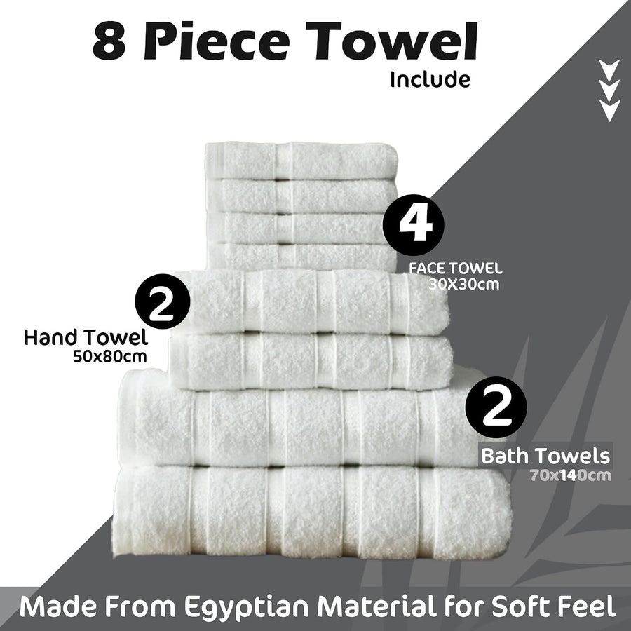 8-Piece Towels Bale Set for Bathroom, Ultra Soft Premium Quality Water Absorbent Towel Gift Sets, 100% Egyptian Cotton, 4X Face 2X Hand 2X Bath Towels, White