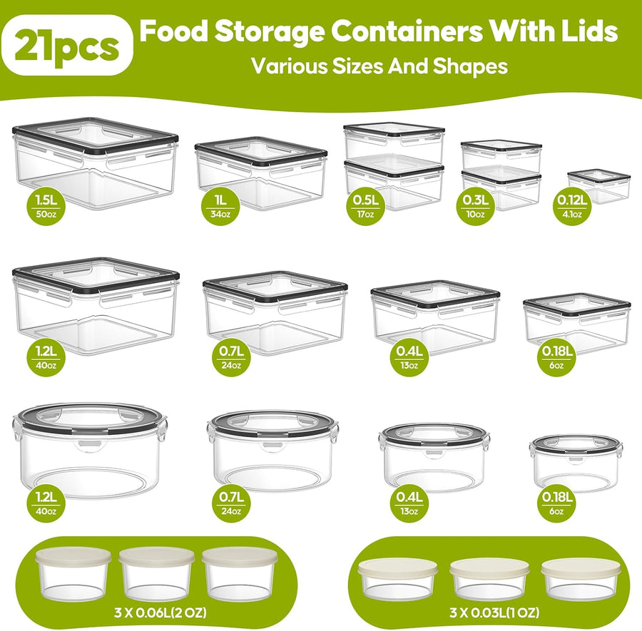42Pcs Food Storage Containers with Lids(21 Tubs & 21 Lids), Airtight Plastic Meal Prep Containers with Labels & Pen, Leakproof Food Containers for Kitchen, Bpa-Free, Microwave Dishwasher Safe