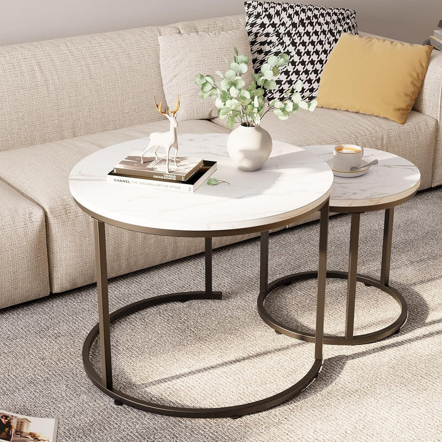 Coffee Table,Round Nest of Tables Set of 2 for Living Room,Marble Center Tea Table with Metal Frame,End Side Table for Small Space/Living Room/Bedroom, White Black, 60 X 60 X 50Cm