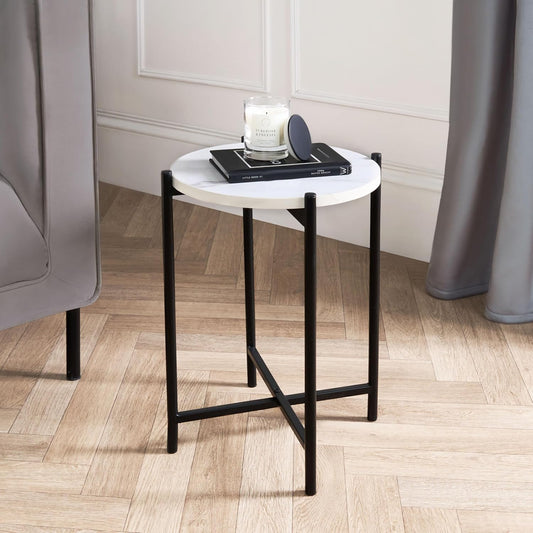 round Side Table for Living Room, White Mable Top Small Coffee Tables with Sturdy Metal Frame Decorative Nightstand End Table Bedside Tables for Bedroom Office