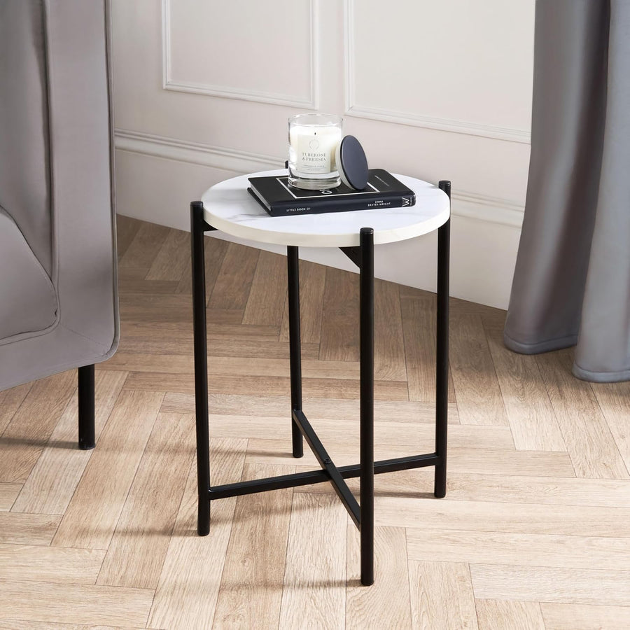round Side Table for Living Room, White Mable Top Small Coffee Tables with Sturdy Metal Frame Decorative Nightstand End Table Bedside Tables for Bedroom Office
