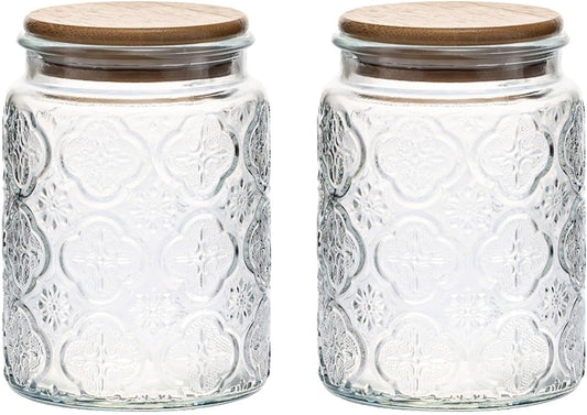 2PCS Vintage Patterned Glass Jar with Lid 750Ml Sealed Food Transparent Glass Storage Jar Airtight Food Storage Jar for Snackspasta Flour Food Storage Container for Tea Coffeesugar Kitchendecoration