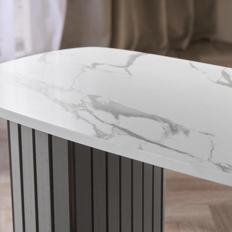 Wooden Coffee Tables for Living Room, White Top Marble Coffee Table Grey Madison Ribbed Wood Frame Decorative Small Centre Table for Home Office, 85 X 40 X 41Cm
