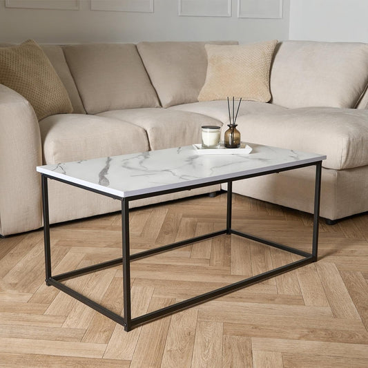 Coffee Tables for Living Room, Decorative Marble Side Table Study Metal Frame Rectangle Long Coffee Table Home Office Centre Table - White, 90 X 48 X 40Cm