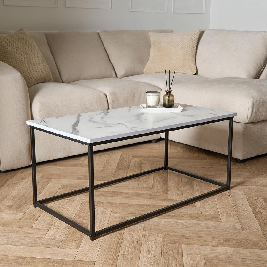 Coffee Tables for Living Room, Decorative Marble Side Table Study Metal Frame Rectangle Long Coffee Table Home Office Centre Table - White, 90 X 48 X 40Cm