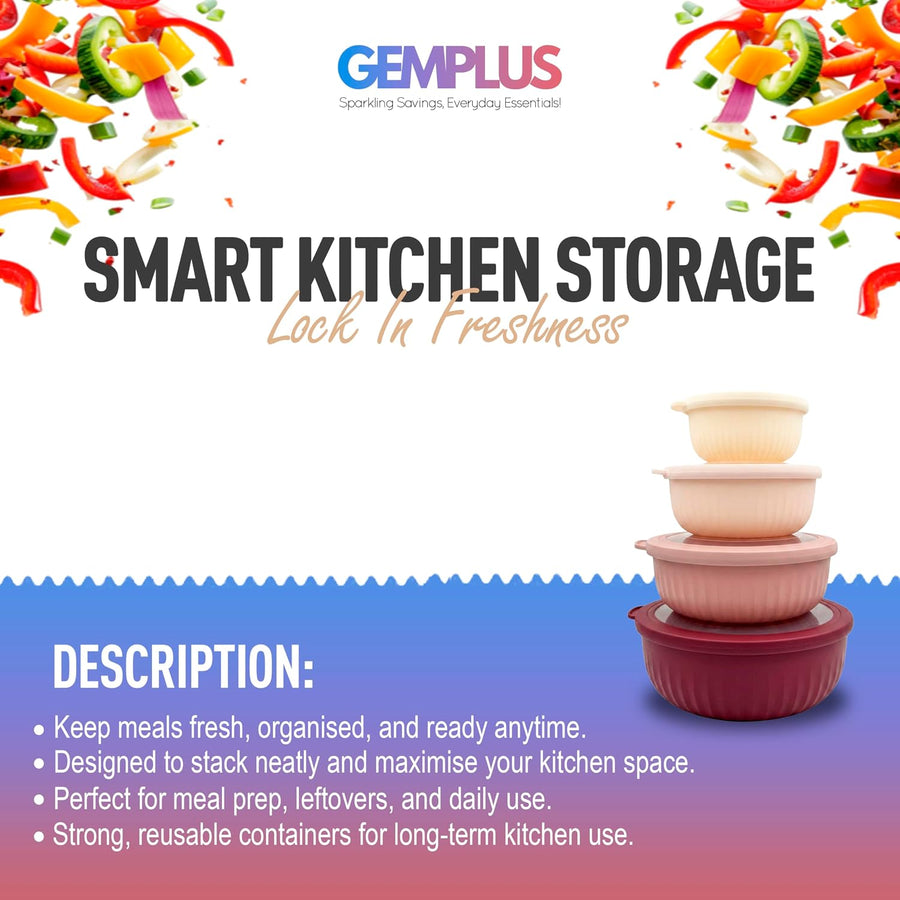 GEM+ | Food Storage Containers Set of 4 with Lids, Airtight Kitchen Storage Bowls, Plastic Food Containers for Meal Prep, Leftovers, Stackable Nesting Food Storage Set (Pink)