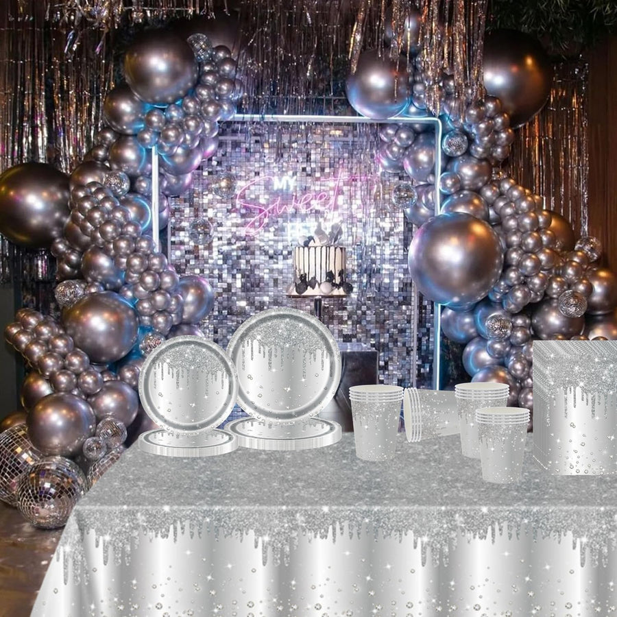 81 Pcs Sparkling Diamond Party Tableware Set - Silver Paper Plates, Cups, Napkins and Tablecloth for Her, Girls, Women - Birthday, Wedding, Baby Shower Party Tableware