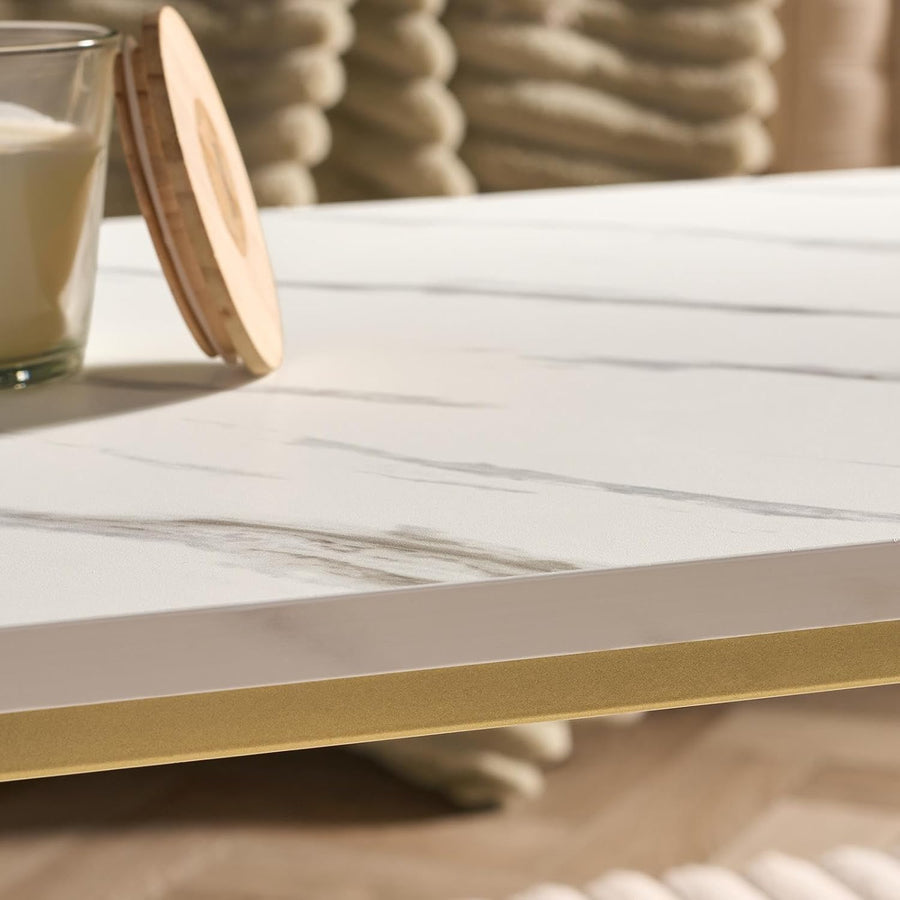 White Marble Coffee Table, Modern Centre Table Living Room Home Office Decorative Coffee Tables with Gold Metal Frame Long Rectangle Table, 90 X 48 X 40Cm