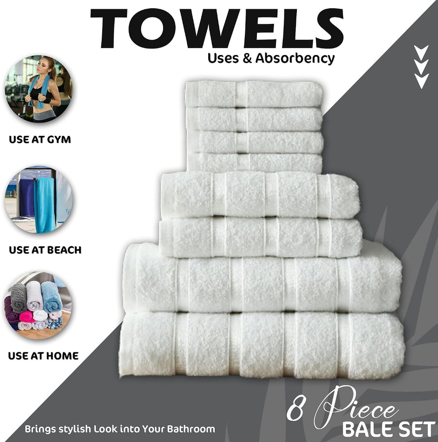 8-Piece Towels Bale Set for Bathroom, Ultra Soft Premium Quality Water Absorbent Towel Gift Sets, 100% Egyptian Cotton, 4X Face 2X Hand 2X Bath Towels, White