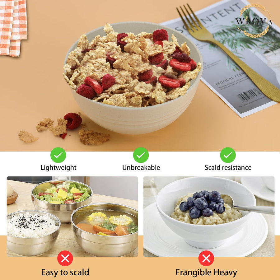 Plastic Dinner Bowls - Reusable Plastic Bowl Set of 8-26 OZ Unbreakable Cereal Bowl Microwave Safe Bowls for Kitchen - Beige