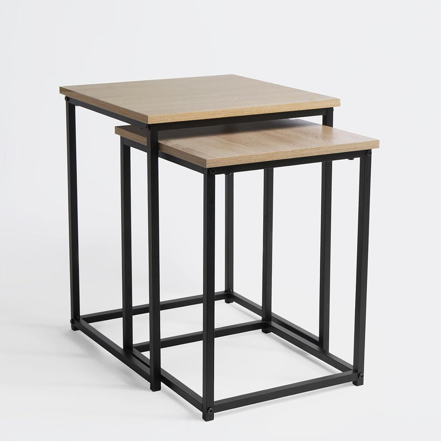 2 Nest of Tables, Side Tables for Living Room Wooden Stylish Decorative Coffee Table Set Home Interior Sturdy Metal Frame Square Nesting Table